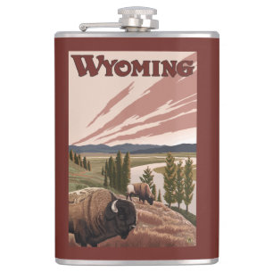 Yellowstone River Bison-Vintages Reise-Plakat Flachmann