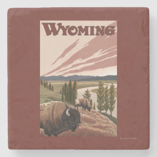 Yellowstone River Bison-Vintages Reise-Plakat Steinuntersetzer