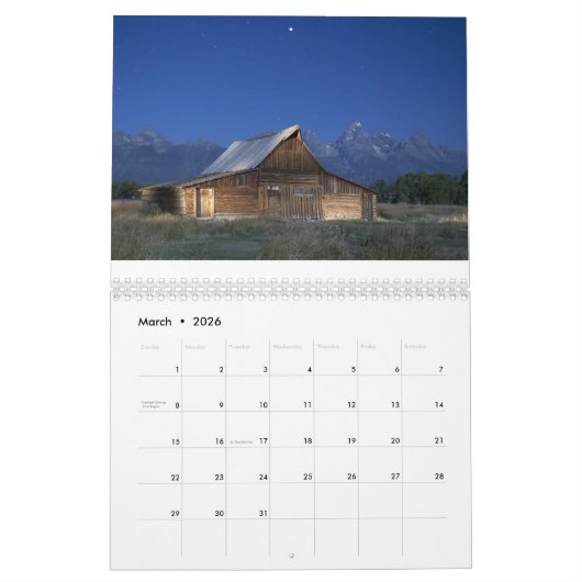 Yellowstone und Tetons Kalender (Mär 2026)