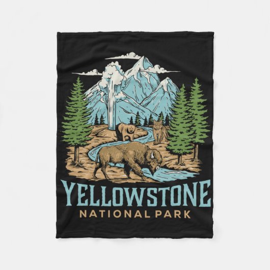 Yellowstone US Nationalpark Wolf Bison Bear Vinta Fleecedecke (Vorderseite)