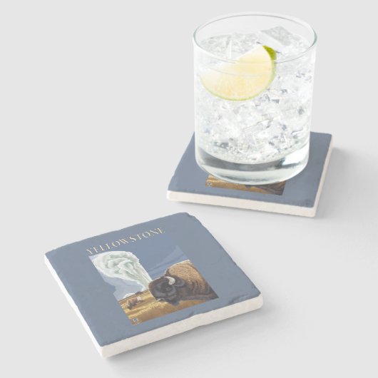 YellowstoneBison mit altem zuverlässigem Steinuntersetzer (Seitenansicht)