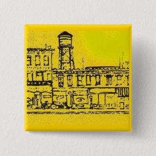 Yellowville-Häuser und -Zuhause und Wasserturm Button