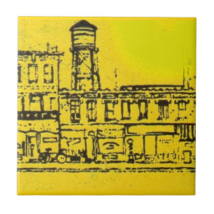 Yellowville-Häuser und -Zuhause und Wasserturm Fliese