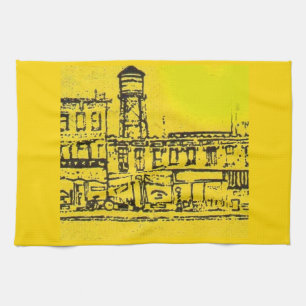 Yellowville-Häuser und -Zuhause und Wasserturm Geschirrtuch