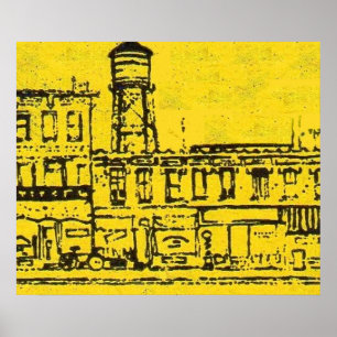 Yellowville-Häuser und -Zuhause und Wasserturm Poster