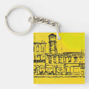 Yellowville-Häuser und -Zuhause und Wasserturm Schlüsselanhänger