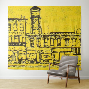 Yellowville-Häuser und -Zuhause und Wasserturm Wandteppich