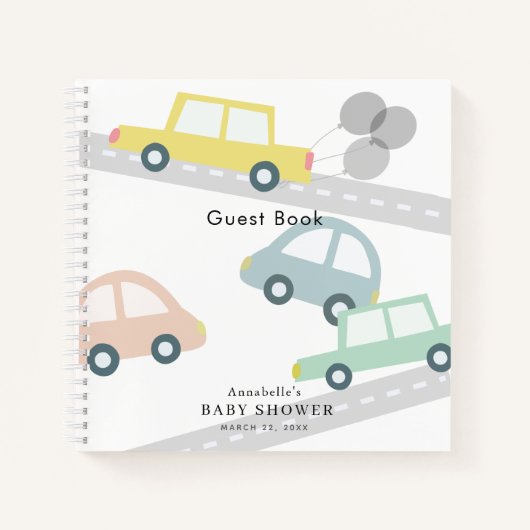 Yelow Car Balloons White Baby Dusche Notizblock (Vorderseite)