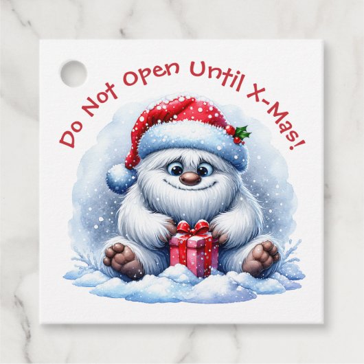 Yeti mit Geschenk – Nicht öffnen Geschenkanhänger (Vorderseite)