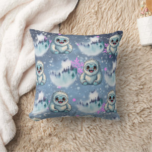 Yeti Sitting Kawaii Snowflakes Muster Kissen