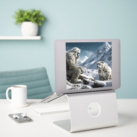 Yeti und der Schneeleopard Aufkleber (Laptop auf Schreibtisch)