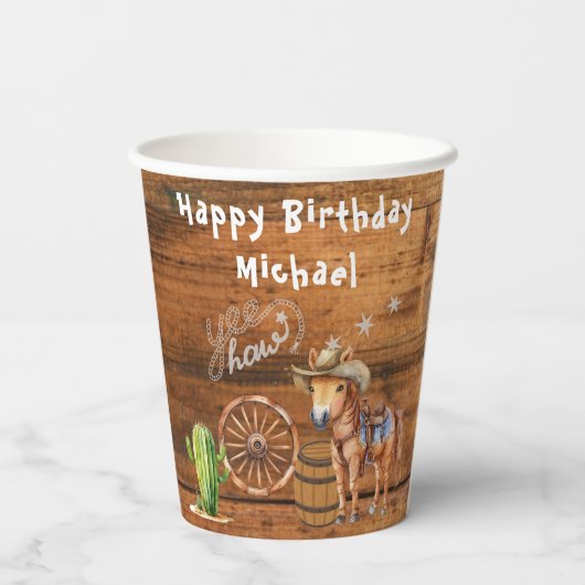 Yew Haw Cowboy Rodeo schnappen Papiertasse hoch Pappbecher (Rückseite)