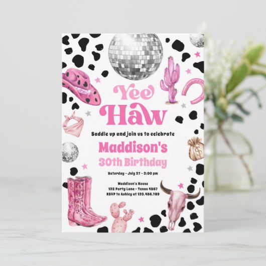 Yew Haw Disco Cowgirl Space Rodeo Country Geburtst Einladung (Stehend Vorderseite)