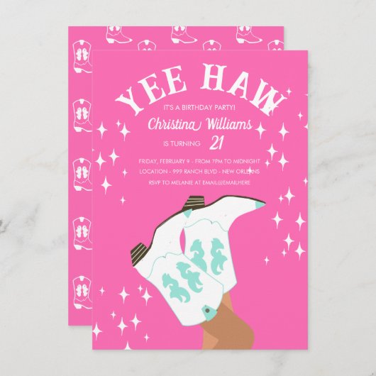 Yew Haw Modern Hot Pink Western Rodeo Birthday Einladung (Vorne/Hinten)