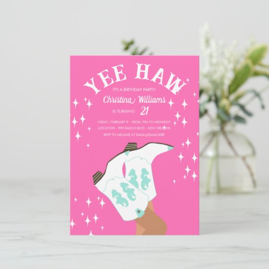 Yew Haw Modern Hot Pink Western Rodeo Birthday Einladung (Stehend Vorderseite)