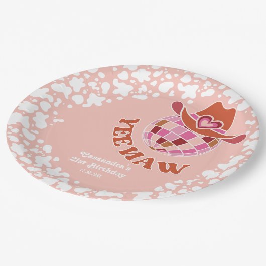 Yew Haw Peach Disco Cowgirl Rodeo Birthday Pappteller (Schrägansicht)