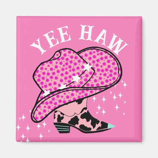 Yew Haw Pink Cowgirl Rodeo Hat Boot Magnet (Vorne)