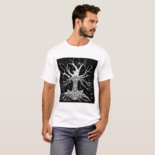 Yggdrasil, der Baum der neun Welten, und Mjolnir T-Shirt (Vorne ganz)