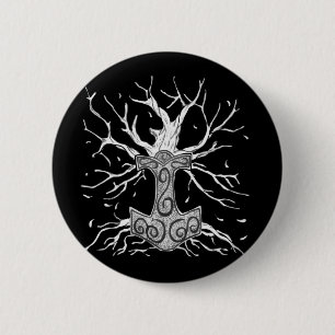Yggdrasil, the Tree of Nine Worlds, and Mjolnir Button