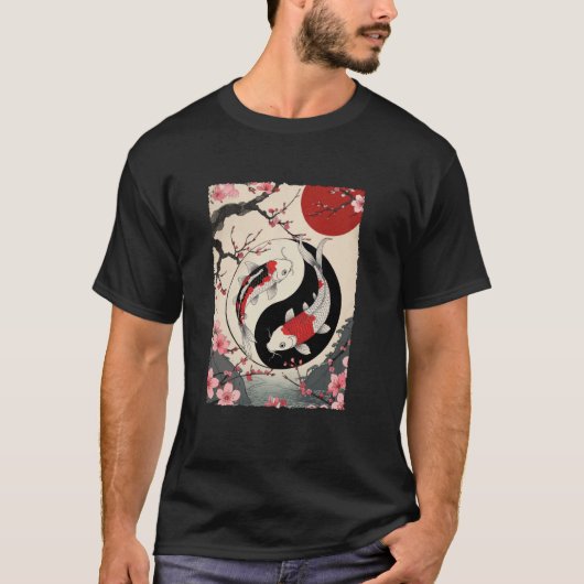 Yin And Yang Japanese Koi Carp Fish Cherry Blossom T-Shirt (Vorderseite)