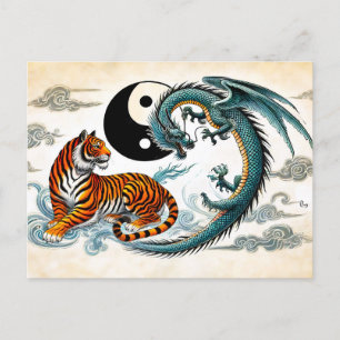 Yin and Yang Tiger and Dragon in Asian Art Style Postkarte