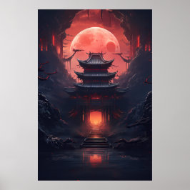 Yin und Yang Bridge und Tempel im Cyberpunk-Neon Poster