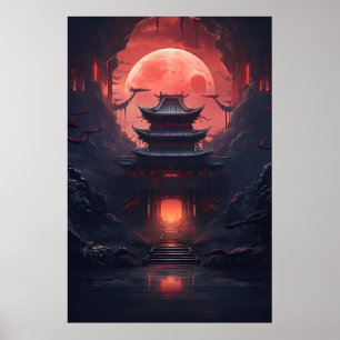 Yin und Yang Bridge und Tempel im Cyberpunk-Neon Poster