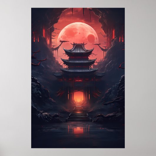 Yin und Yang Bridge und Tempel im Cyberpunk-Neon Poster (Vorne)