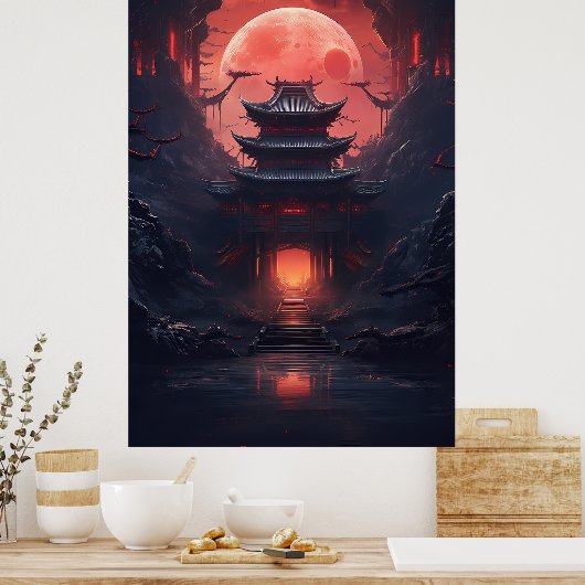 Yin und Yang Bridge und Tempel im Cyberpunk-Neon Poster (Küche)