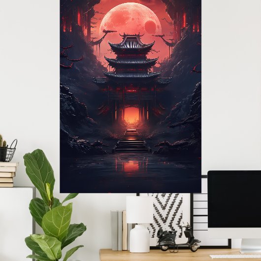 Yin und Yang Bridge und Tempel im Cyberpunk-Neon Poster (Heimbüro)