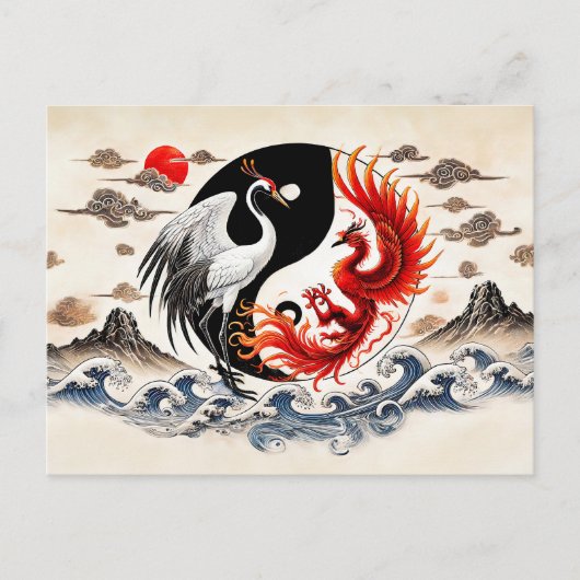 Yin und Yang Crane und Phoenix im asiatischen Kuns Postkarte (Vorderseite)