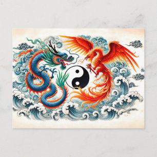Yin und Yang Drache und Phönix im asiatischen Kuns Postkarte