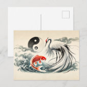 Yin und Yang Koi und Crane im asiatischen Kunststi Postkarte (Vorne/Hinten)