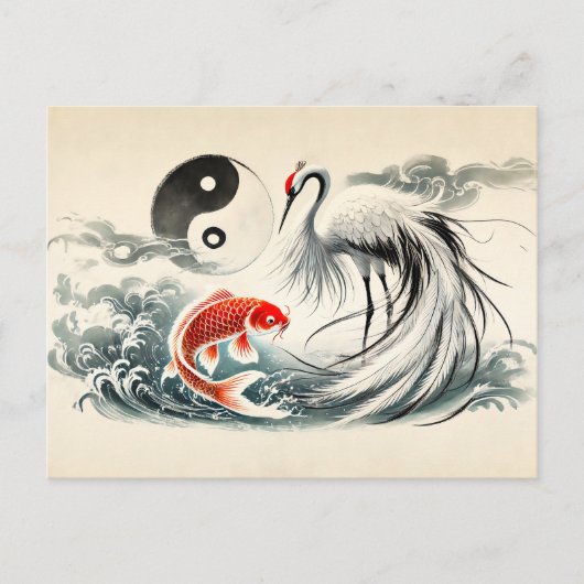 Yin und Yang Koi und Crane im asiatischen Kunststi Postkarte (Vorderseite)