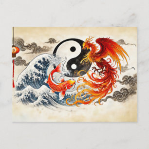Yin und Yang Koi und Phönix im asiatischen Kunstst Postkarte