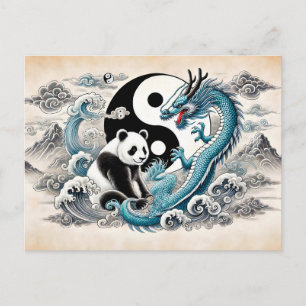 Yin und Yang Panda und Drache im asiatischen Kunst Postkarte