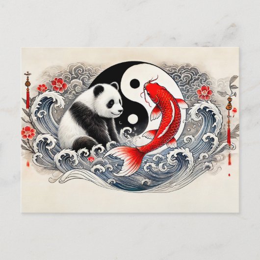 Yin und Yang Panda und Koi im asiatischen Stil Postkarte (Vorderseite)