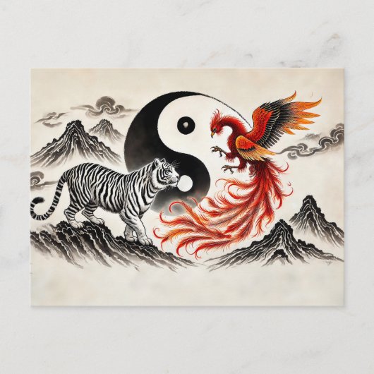 Yin und Yang Tiger und Phoenix im asiatischen Stil Postkarte (Vorderseite)