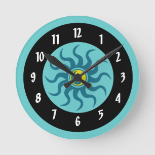 Yin-Yang Aztec Sun/Aqua and Black Circles Runde Wanduhr
