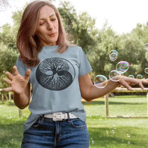 Yin Yang Banyan-Lebensbaum Monochrom Blau T-Shirt