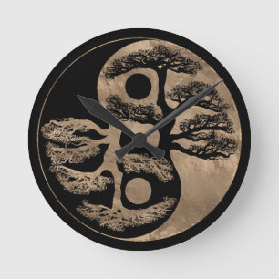Yin Yang Baum-Schwarzes und Gold Runde Wanduhr