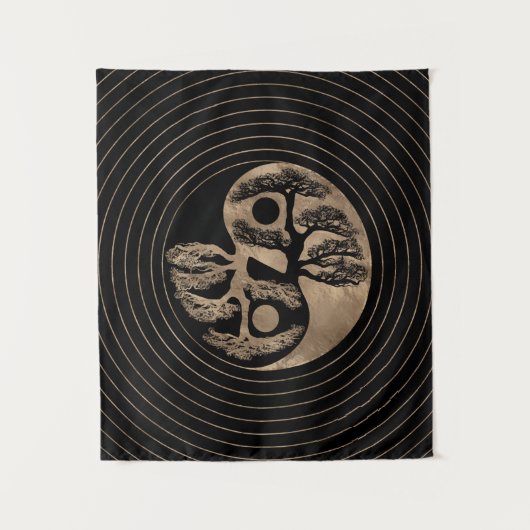 Yin Yang Baum-Schwarzes und Gold Wandteppich (Vorderseite)