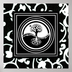 Yin Yang Baum-Symbol-Schwarz-weiße Harmonie Poster