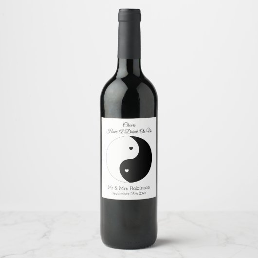 Yin Yang Black and White Hearts Wedding Wine Label Weinetikett (Vorderseite)