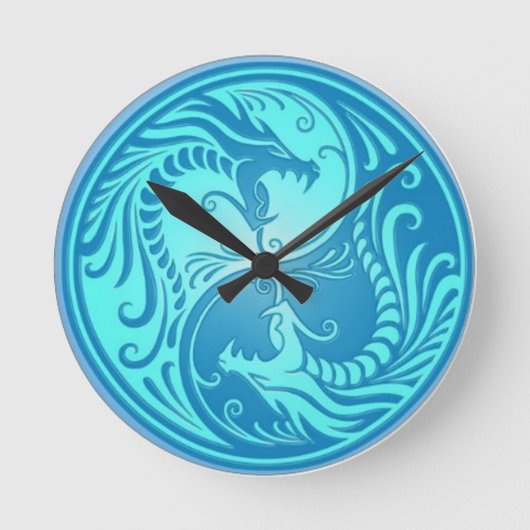 Yin-Yang blaue chinesische Drachen Runde Wanduhr (Vorderseite)
