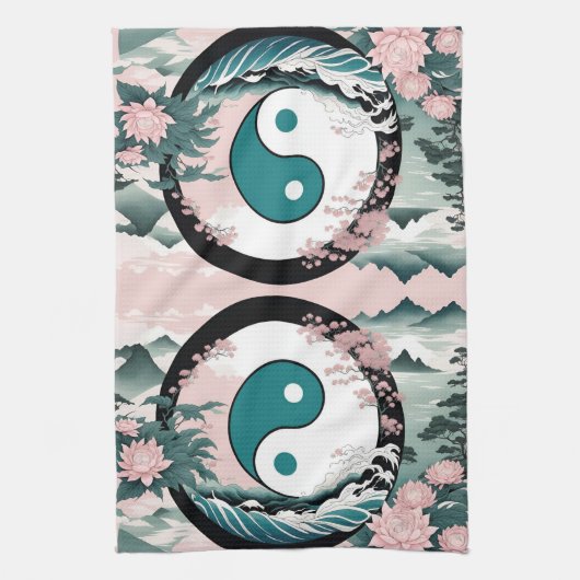 Yin Yang, Blumenrosa-Käfig Aquamarin Geschirrtuch (Vertikal)