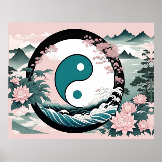 Yin Yang, Blumenrosa-Käfig Aquamarin Poster (Vorne)