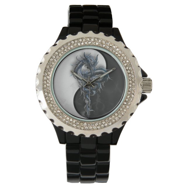 Yin Yang Chinese Dragon Kristall Watch Armbanduhr (Vorderseite)