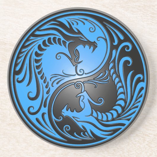 Yin Yang Drachen, Blau und Schwarzes Sandstein Untersetzer (Vorne)