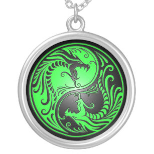 Yin Yang Drachen, Grün und Schwarzes Versilberte Kette